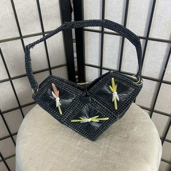 EUC Vintage Raffia Black Single Handle Handbag - Picture 1 of 7